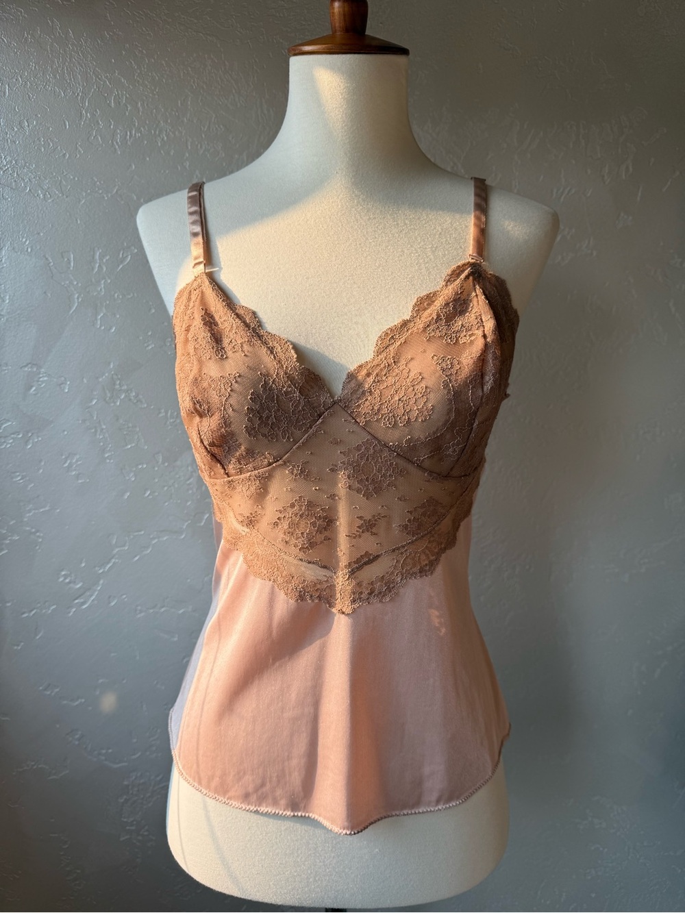 Vintage Vassarette Blush Pink Brown Lace Nylon Camisole Top